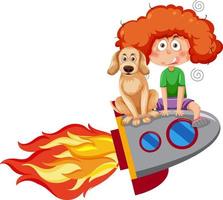 A girl and her dog riding on rocket isolated vector