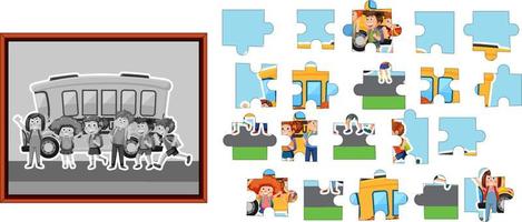 Student with school bus photo puzzle game template vector