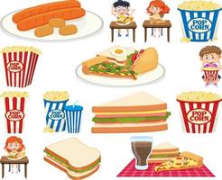 conjunto de diferentes comidas chatarra y niños vector