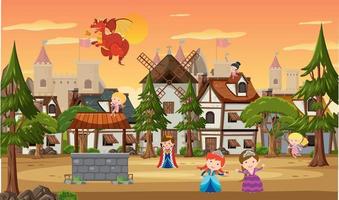 Medieval village scene castle background vector