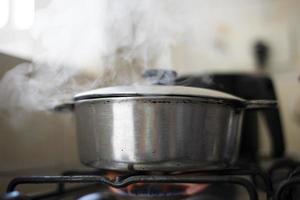 Aluminum pan on stove with flame goes in and out smoke photo