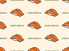 Sushi salmon cartoon character seamless pattern on yellow background. Pixel style vector