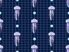 Jellyfish cartoon character seamless pattern on blue background. Pixel style vector