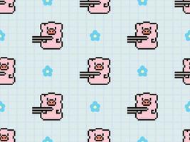Pig cartoon character seamless pattern on blue background. Pixel style vector