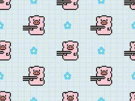 Pig cartoon character seamless pattern on blue background. Pixel style vector