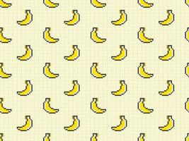 Banana cartoon character seamless pattern on yellow background. Pixel style vector