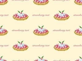 Strawberry tart cartoon character seamless pattern on yellow background. Pixel style vector