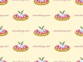 Strawberry tart cartoon character seamless pattern on yellow background. Pixel style vector