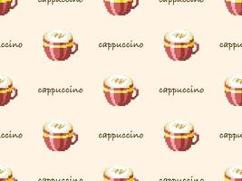 Coffee cartoon character seamless pattern on yellow background. Pixel style vector