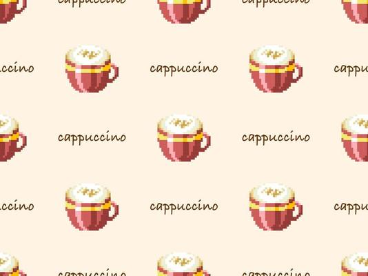 Coffee cartoon character seamless pattern on yellow background. Pixel style