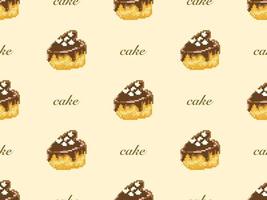 Cake cartoon character seamless pattern on yellow background. Pixel style vector