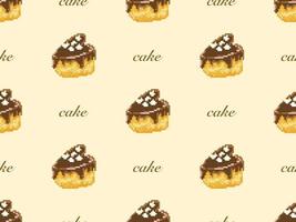 Cake cartoon character seamless pattern on yellow background. Pixel style vector