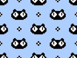 Cat cartoon character seamless pattern on blue background. Pixel style vector
