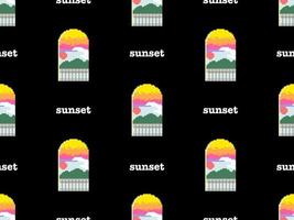 Sunset cartoon character seamless pattern on black background.  Pixel style vector