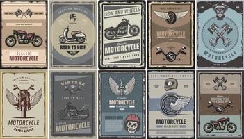 Vintage colored motorcycle posters set with classic motorbikes scooter moto parts