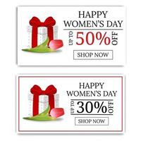Women's Day Sale Banners with Gift Box and Tulip. Gift Box with Red Bow. Voucher, flyers, invitation, posters, brochure, coupon discount,greeting card. Vector illustration.