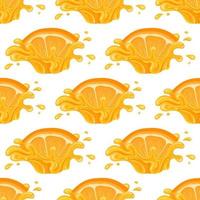 Seamless pattern with fresh bright orange, mandarin or tagerine juice splash burst isolated on white background. Summer fruit juice. Cartoon style. Vector illustration for any design.
