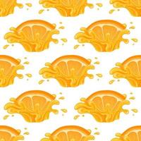 Seamless pattern with fresh bright orange, mandarin or tagerine juice splash burst isolated on white background. Summer fruit juice. Cartoon style. Vector illustration for any design.