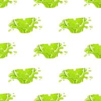 Seamless pattern with fresh bright lime juice splash burst isolated on white background. Summer fruit juice. Cartoon style. Vector illustration for any design.