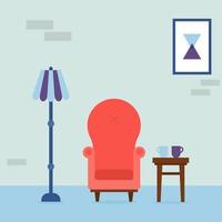 Interior of the living room. Vintage cozy red armchair, abstract picture, lamp and chair with cups in room. Interior elements. Vector illustration.