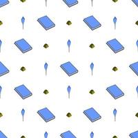 Seamless pattern with books, feathers and ink pots on white background. Vector illustration.