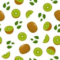 Seamless pattern with fresh whole half slice kiwi fruit and leaves on white background. Summer fruits for healthy lifestyle. Organic fruit. Cartoon style. Vector illustration for any design.