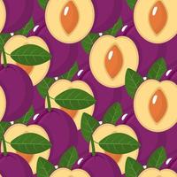 Seamless pattern with plums on white background. Organic fruit. Cartoon style. Vector illustration for design, web, wrapping paper, fabric, wallpaper.