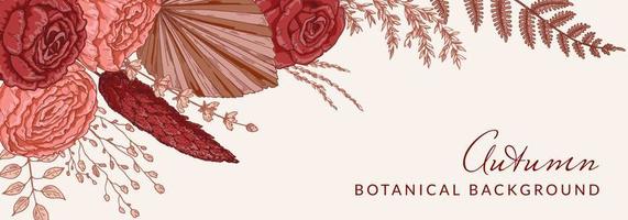 Autumn horizontal banner with modern floral elements. Hand drawn botanical vector illustration. Space for text