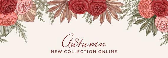 Autumn horizontal banner with modern floral elements. Hand drawn botanical vector illustration. Space for text