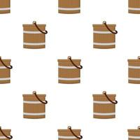 Seamless pattern with wooden bucket empty or with water on white background. Cartoon style. Vector illustration for design, web, wrapping paper, fabric, wallpaper.