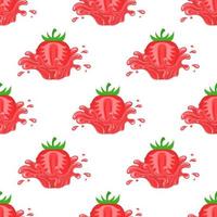 Seamless pattern with fresh bright strawberry juice splash burst isolated on white background. Summer fruit juice. Cartoon style. Vector illustration for any design.