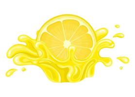 Fresh bright half cut lemon juice splash burst isolated on white background. Summer fruit juice. Cartoon style. Vector illustration for any design.