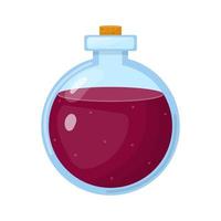 Magic potion in bottle with vinous liquid isolated on white background. Chemical or alchemy elixir. Vector illustration for any design.