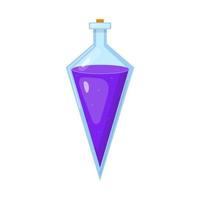 Magic potion in bottle with purple liquid isolated on white background. Chemical or alchemy elixir. Vector illustration for any design.