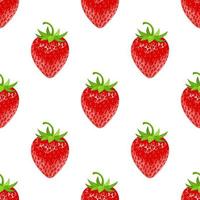 Seamless pattern with fresh cartoon red ripe strawberry isolated on white background. Realistic sweet food. Organic fruit. Vector illustration for design, web, wrapping paper, fabric, wallpaper.