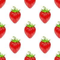 Seamless pattern with fresh cartoon red ripe strawberry isolated on white background. Realistic sweet food. Organic fruit. Vector illustration for design, web, wrapping paper, fabric, wallpaper.