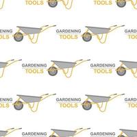 Seamless pattern with cartoon wheelbarrow on white background. Gardening tool. Vector illustration for any design
