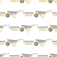 Seamless pattern with cartoon wheelbarrow on white background. Gardening tool. Vector illustration for any design