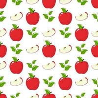 Seamless pattern with red whole slice apples and leaves on white background. Organic fruit. Cartoon style. Vector illustration for design, web, wrapping paper, fabric, wallpaper.