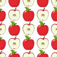 Seamless pattern with red whole and half apples on white background. Organic fruit. Cartoon style. Vector illustration for design, web, wrapping paper, fabric, wallpaper.
