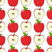 Seamless pattern with red whole and half apples on white background. Organic fruit. Cartoon style. Vector illustration for design, web, wrapping paper, fabric, wallpaper.