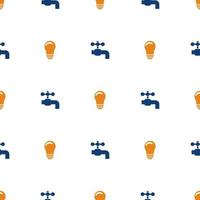 Seamless pattern with water crane and lightbulb on white background. Flat style icon of utilities. Symbol of light. Vector illustration for design, web, wrapping paper, fabric, wallpaper.