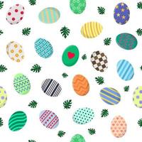 Seamless Pattern with Different Easter Eggs and Green Leaves of Monstera. Perfect for Wrapping Paper, Wallpaper, Fabric. Vector illustration for Your Design, Web.