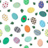 Seamless Pattern with Different Easter Eggs and Green Leaves of Monstera. Perfect for Wrapping Paper, Wallpaper, Fabric. Vector illustration for Your Design, Web.