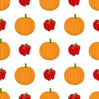 Seamless pattern with fresh pumpkin and bell pepper vegetables. Organic food. Cartoon style. Vector illustration for design, web, wrapping paper, fabric, wallpaper.