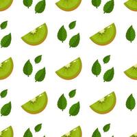 Seamless pattern with fresh slice kiwi fruit and leaves on white background. Summer fruits for healthy lifestyle. Organic fruit. Cartoon style. Vector illustration for any design.