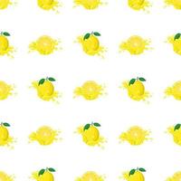 Seamless pattern with fresh bright lemon juice splash burst isolated on white background. Summer fruit juice. Cartoon style. Vector illustration for any design.