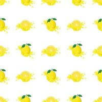 Seamless pattern with fresh bright lemon juice splash burst isolated on white background. Summer fruit juice. Cartoon style. Vector illustration for any design.