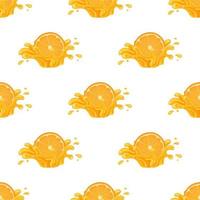 Seamless pattern with fresh bright orange, mandarin or tagerine juice splash burst isolated on white background. Summer fruit juice. Cartoon style. Vector illustration for any design.