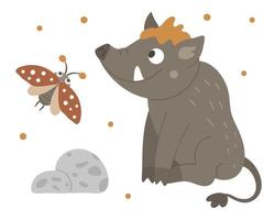 Vector hand drawn flat boar with an insect. Funny woodland animal. Cute forest pig illustration for  print, stationery